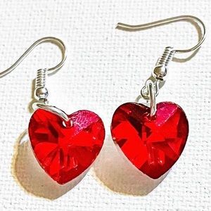 Red Austrian Crystal Heart Dangle Earrings